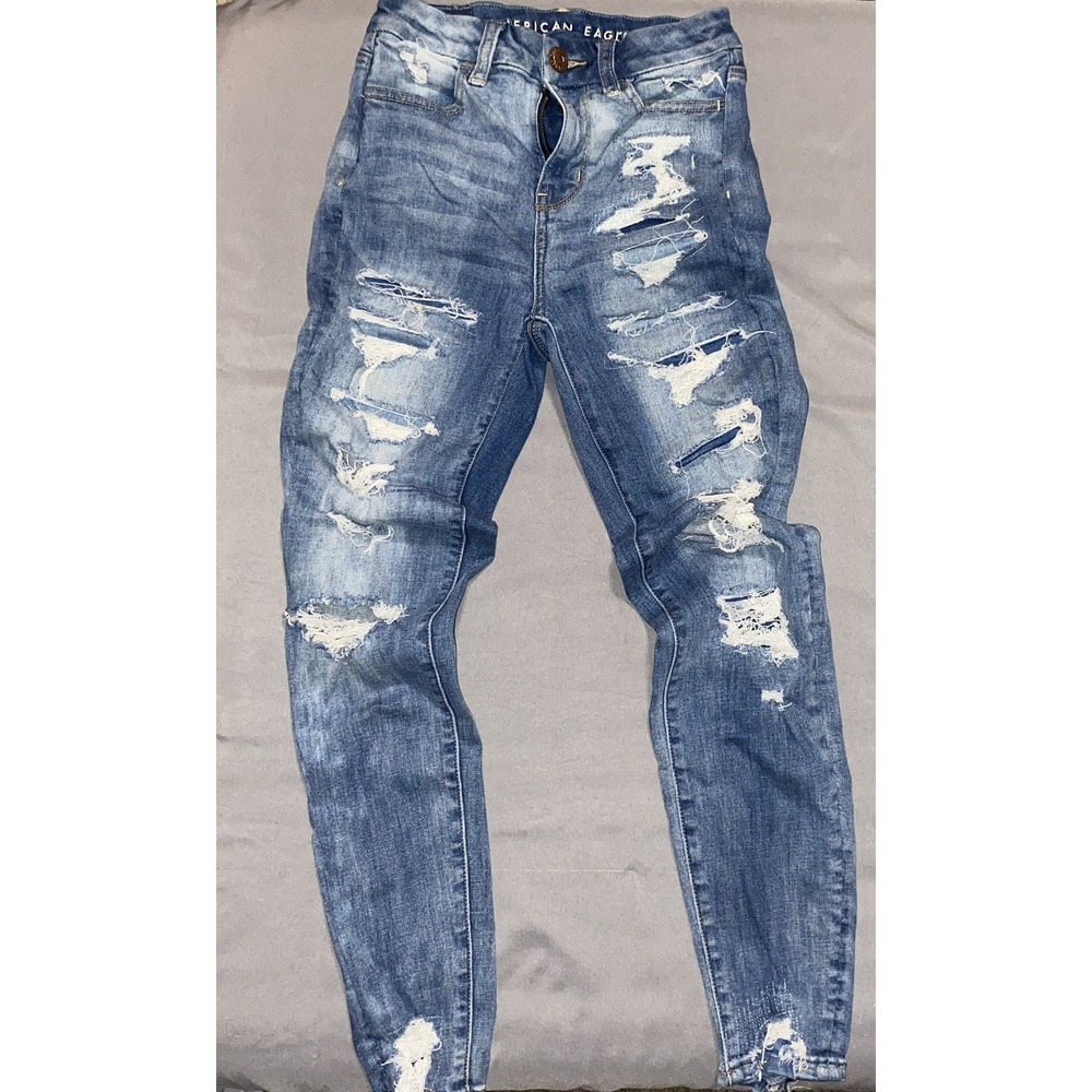 American Eagle Size 00 High-Rise Stretch Curvy Womens JEANS Jeggings Distressed